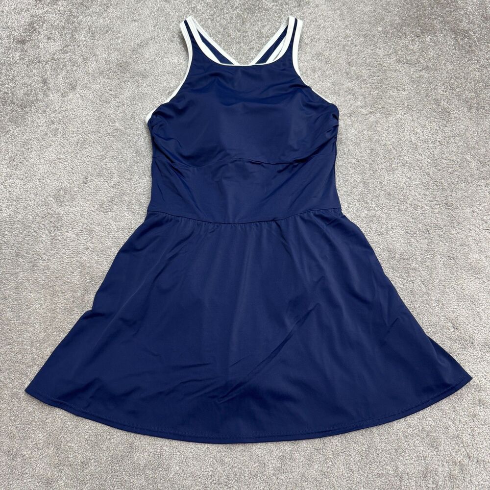 Lands End Tugless High Neck Swim Dress Womens 12 Tall Navy Blue One Piece NWT